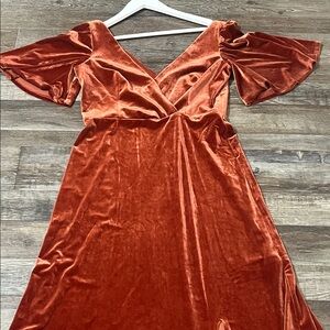Rust Velvet Maxi Dress Size 12 Flutter Sleeves